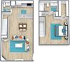 Three dimensional image of a one bedroom one and a half bathroom floor plan